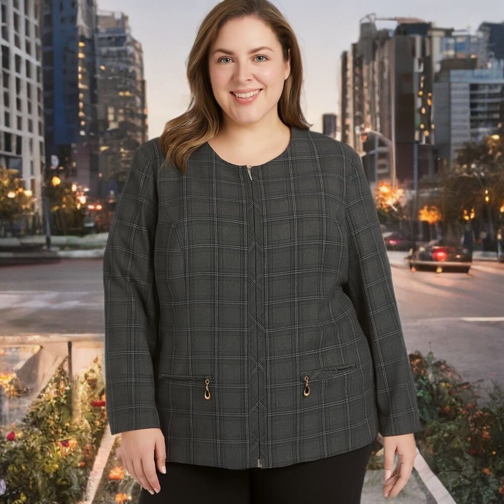 Sag Harbor Plaid Full Zip Blazer Jacket Long Sleeve Pocket Workwear Classic Plus